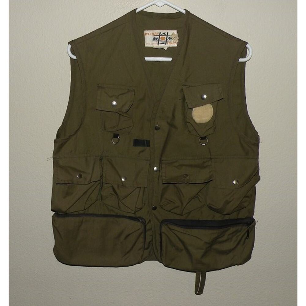 Vtg Western Trails Men’s Medium Fishing Vest Green Snap Front 11 Pocket Bend OR